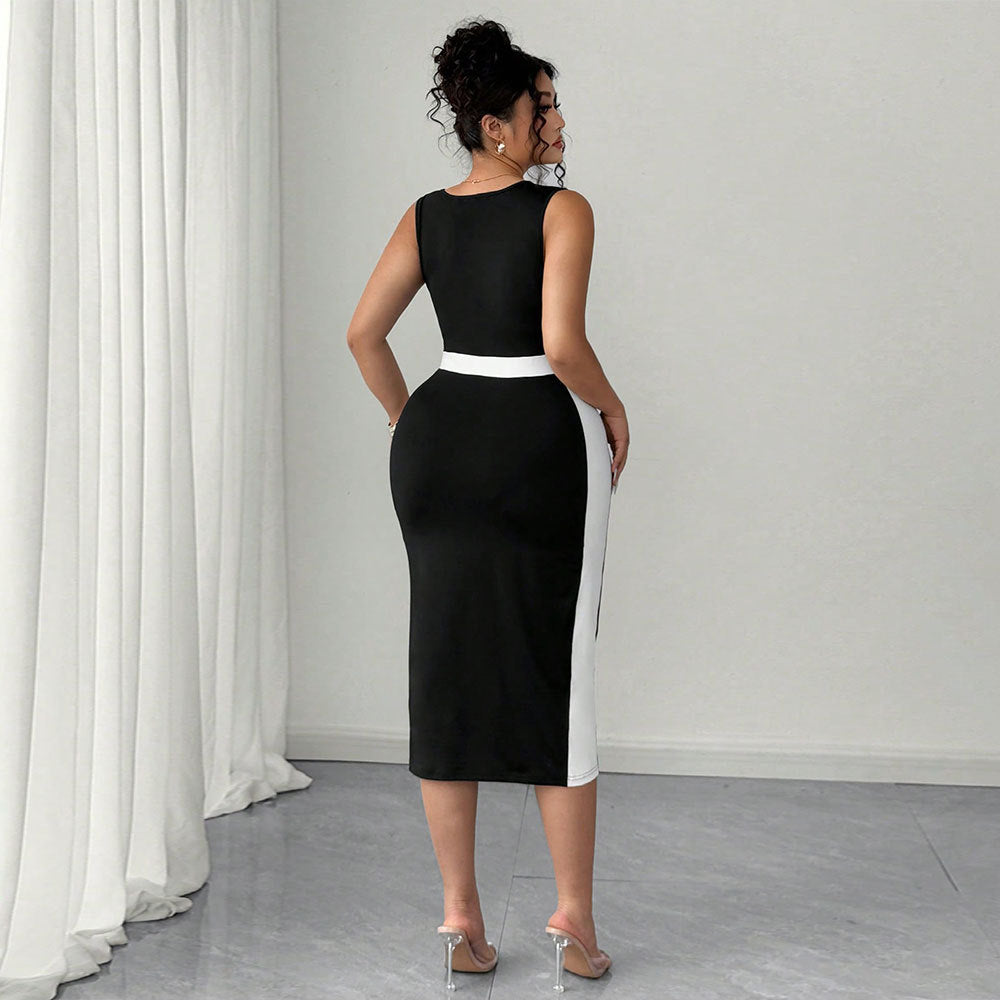Damen figurbetontes Midi-Kleid mit Kontrastdetail und schmalem Schnitt Drune