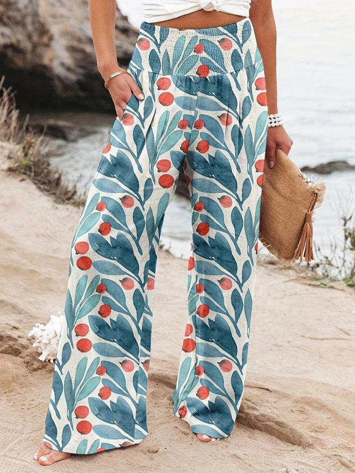 Damen Weit geschnittene Strandhose mit floralem Motiven und elastischem Bund Drune