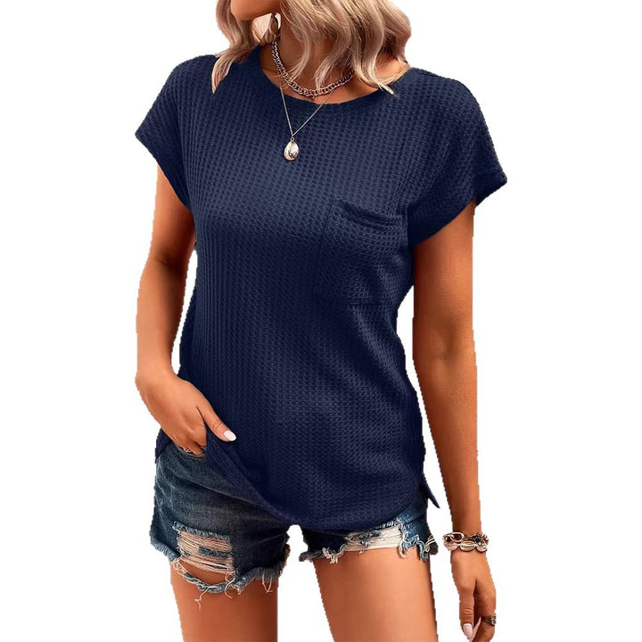 Damen nan legeres Kurzarm-Waffelshirt mit Rundhalsausschnitt, Brusttasche und seitlichem Schlitz Drune