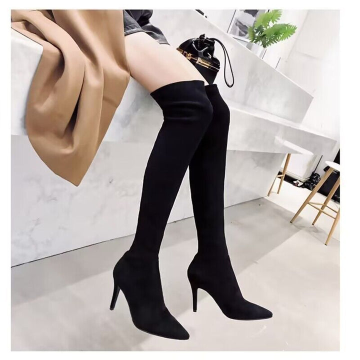 Damen Oberschenkelhohe Stretch-Stiefel mit spitzer Zehenform und geformtem Stiletto-Absatz Drune