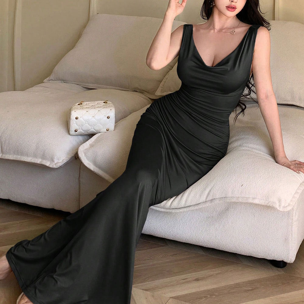 Damen elegantes Abendkleid mit raffinierten Rücken-Ausschnitten und dekorativem Bindebund Drune