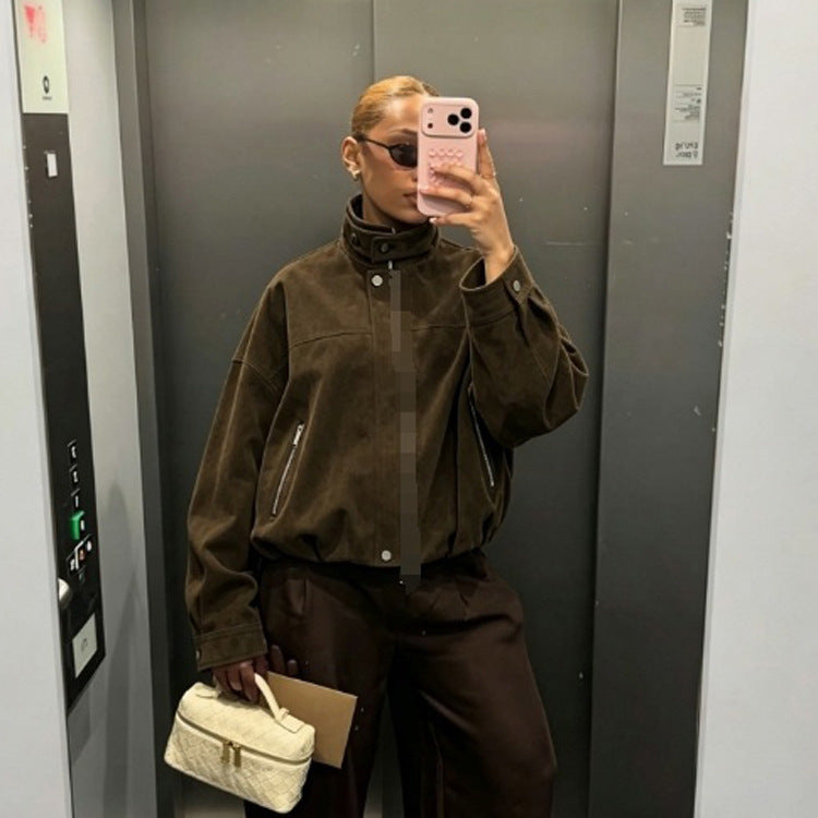 Damen Boxy-Suede-Bomberjacke mit hohem Stehkragen und elastischem Saum Drune