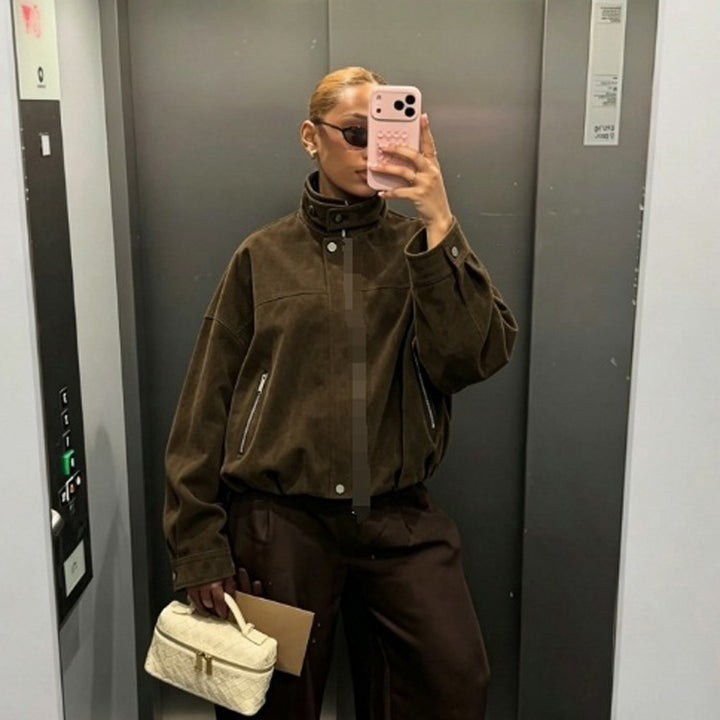 Damen Boxy-Suede-Bomberjacke mit hohem Stehkragen und elastischem Saum Drune