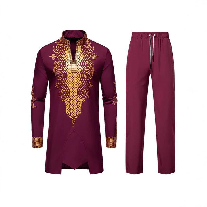 Herren Traditionelles besticktes Tunika‑Set mit Mandarinkragen und elastischer Hose Drune