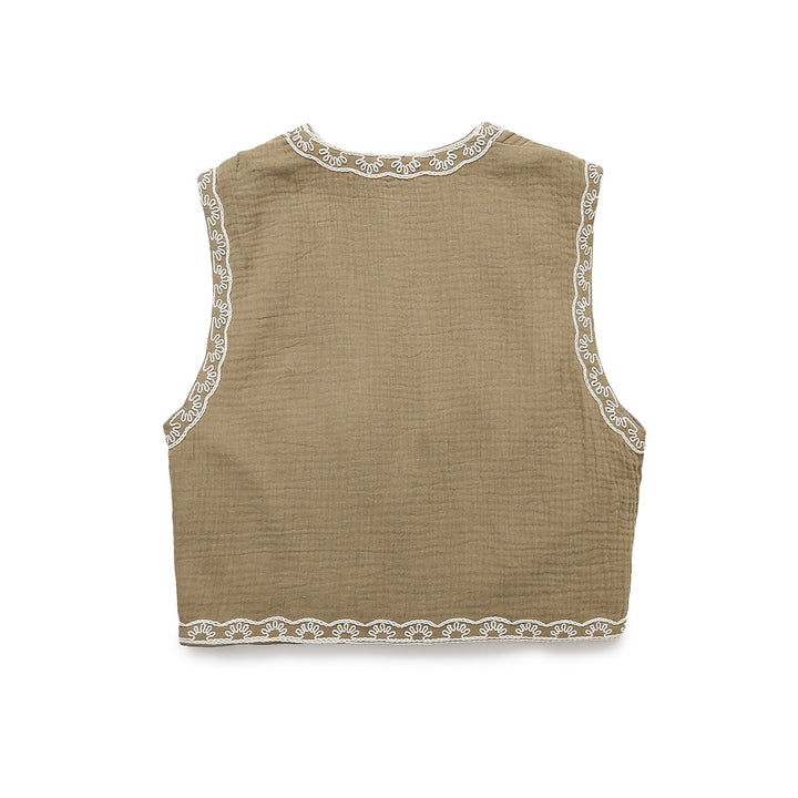 Damen Ärmellose Leinenweste mit floraler Reliefstickerei und offener Front Drune