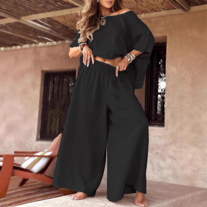 Damen Leichter Leinen-Zweiteiler mit Cropped Oversize-Top und Smokbund-Palazzohose Drune