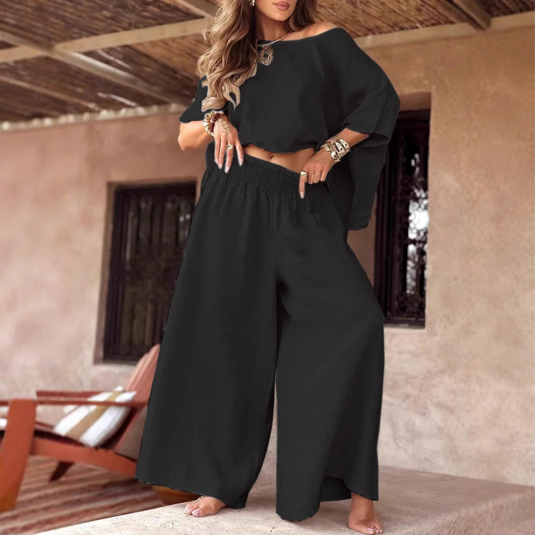 Damen Leinen-Set mit Cropped Oversize-Top und hohem elastischem Bund Palazzohose Drune