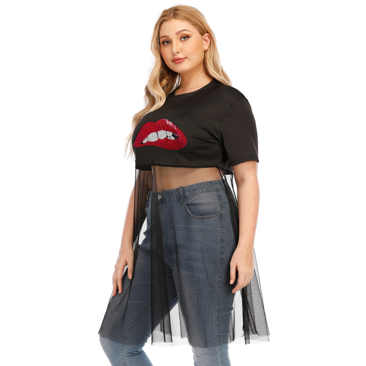 Damen modisches Crop-Top mit transparentem Überwurf und Glitzerbesatz Drune