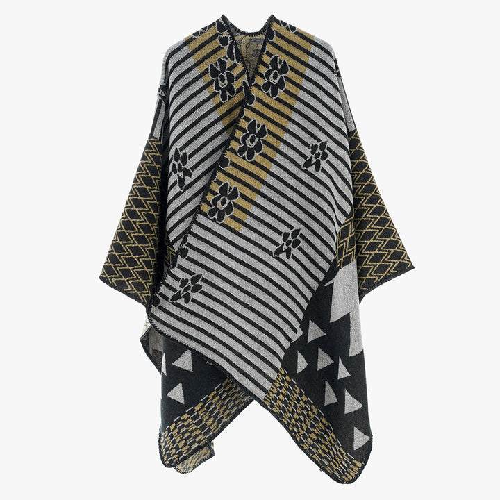 Damen Vielseitiger Strickponcho im Patchwork-Jacquard mit V-Ausschnitt und asymmetrischem Zipfelsaum Drune