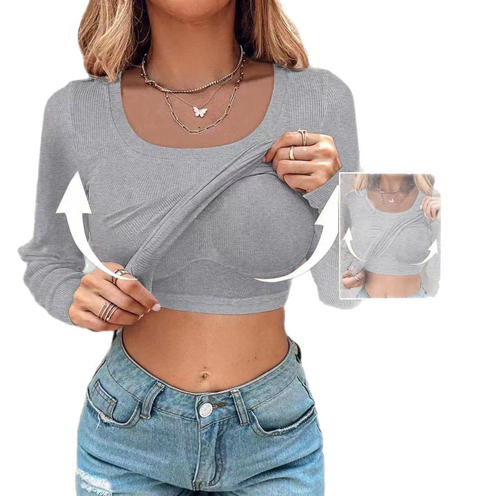 Damen Cropped Rippenstrick Langarmshirt mit integriertem Bustier Drune