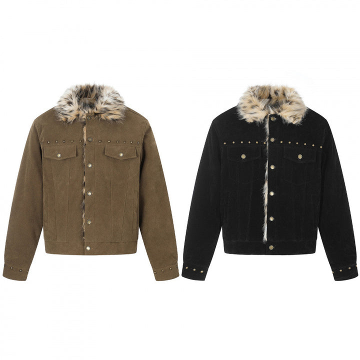 Herren Kurzjacke aus Velourslederimitat mit Kunstfellkragen und Nieten-Details Drune