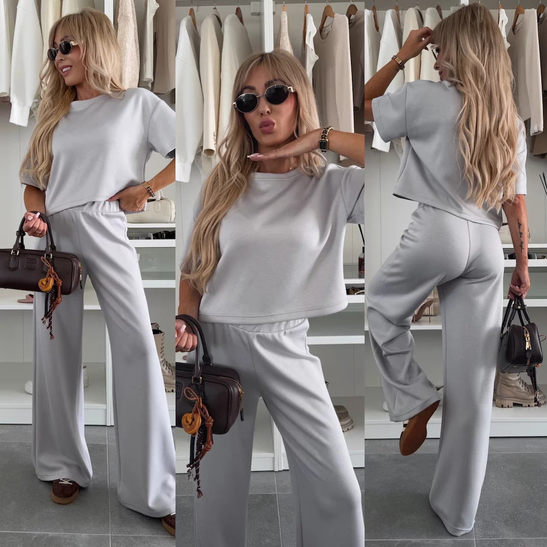Damen Loungewear-Zweiteiler mit Cropped-Boxy-Shirt und fließender High-Waist Palazzo-Hose Drune