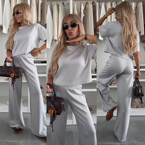 Damen Loungewear-Zweiteiler mit Cropped-Boxy-Shirt und fließender High-Waist Palazzo-Hose Drune