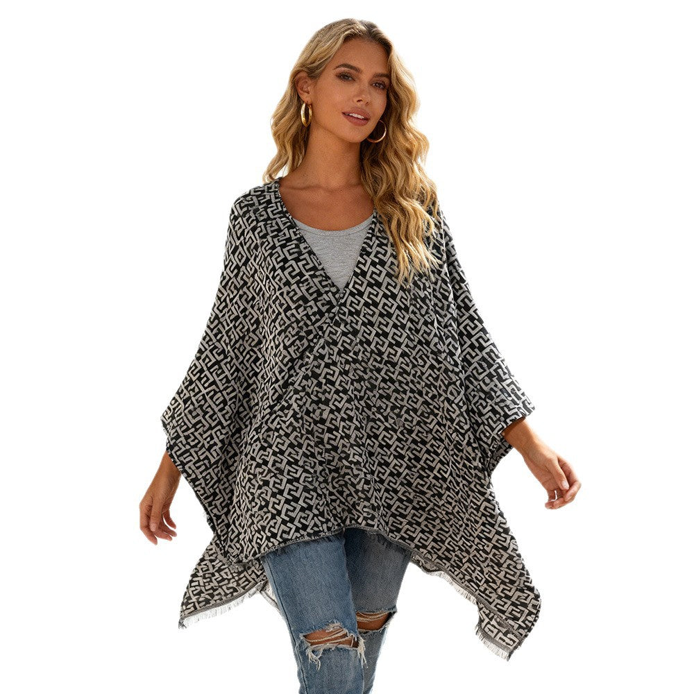 Damen Gewebter Jacquard‑Wickelponcho mit geometrischem Allovermuster und feinem Fransensaum Drune