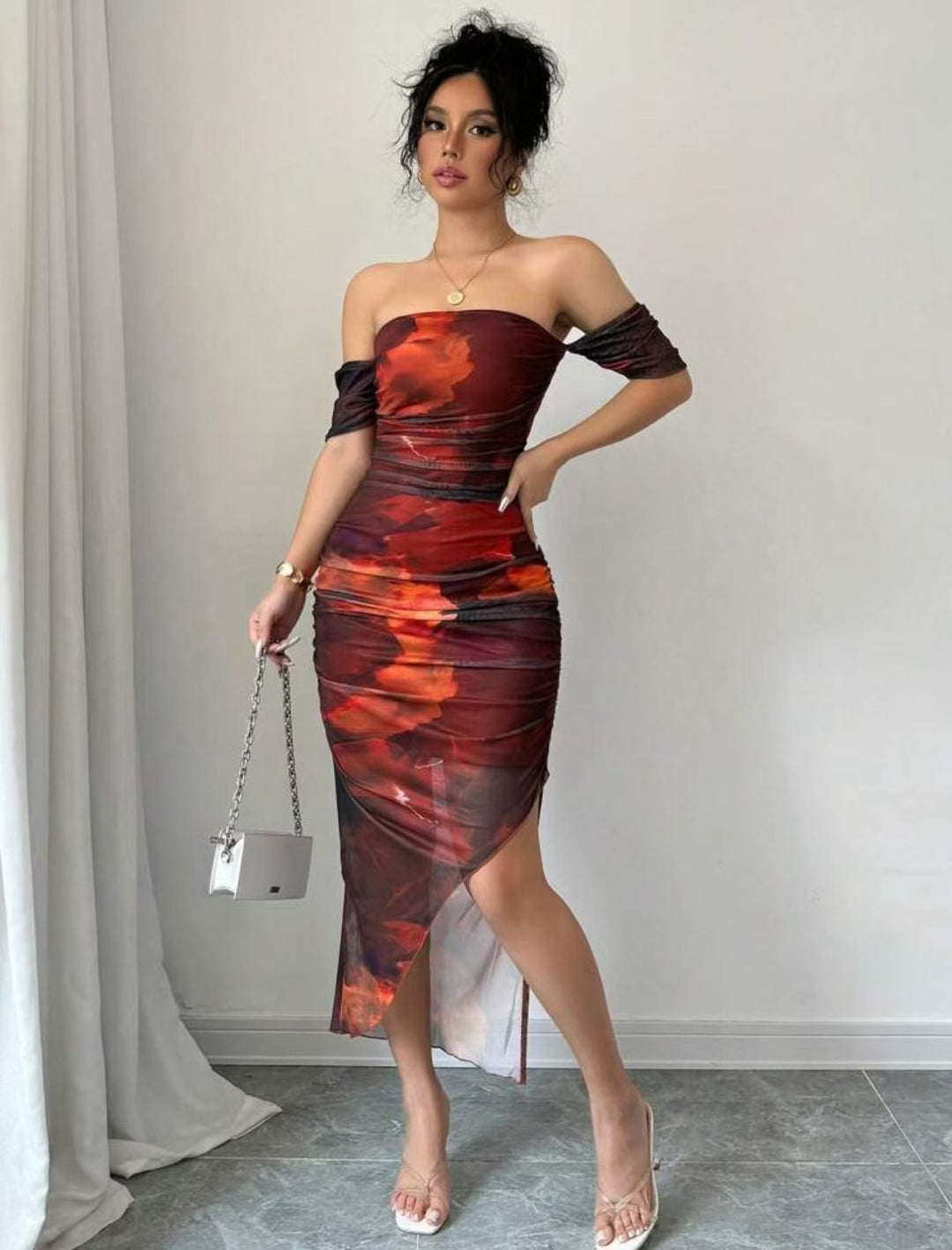 Damen elegantes Off-Shoulder Kleid mit raffinierten Rüschen Drune