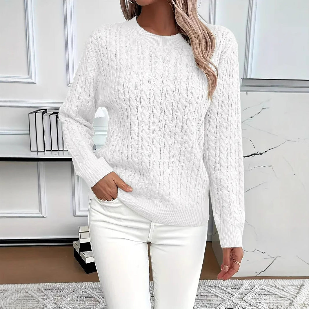 Damen nan Feinstrick-Zopfmuster Pullover mit Rundhalsausschnitt und tailliertem Schnitt Drune