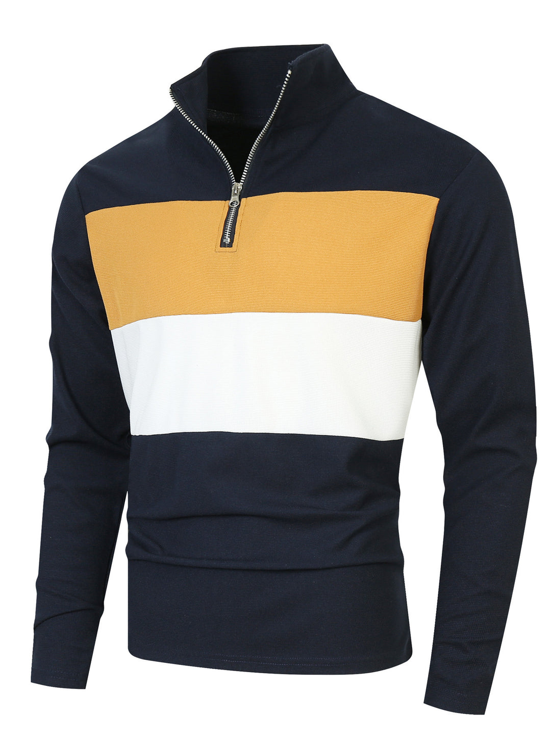 Herren Halbzip-Pullover mit Stehkragen, breitem Blockstreifen und fein gerippter Struktur Drune