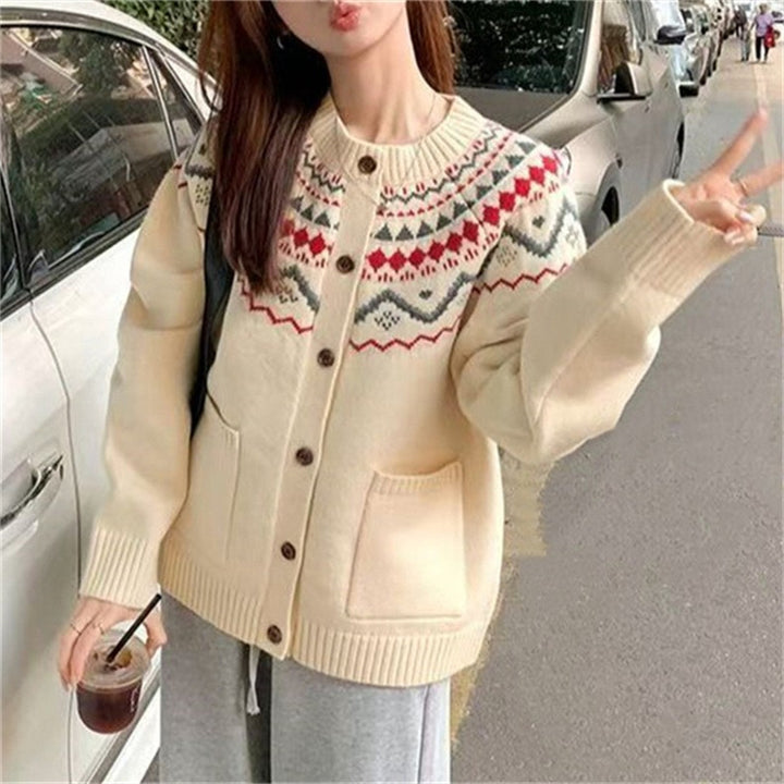 Damen Grobstrickjacke mit dekorativem Norweger-Muster und praktischen Taschen Drune