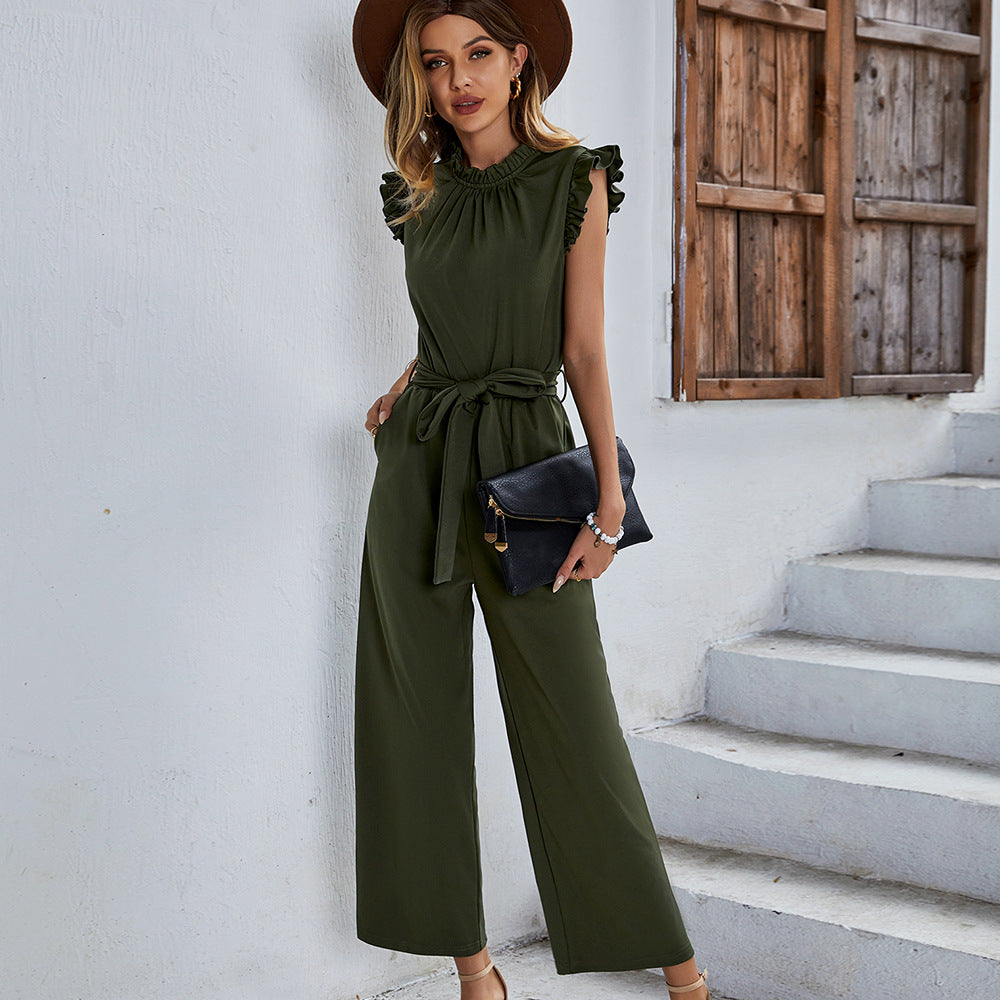 Damen eleganter Jumpsuit mit Rüschendetails und taillierbarem Gürtel Drune
