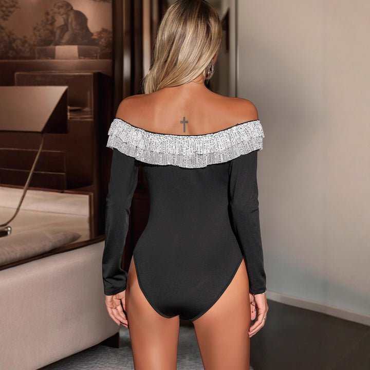 Damen Schulterfreier Bodysuit mit Pailletten-Volant und Langarm Drune