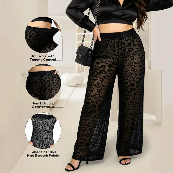 Damen Hochtaillierte weit geschnittene Chiffon-Hose mit Leopardmuster und Bauchkontrolle Drune