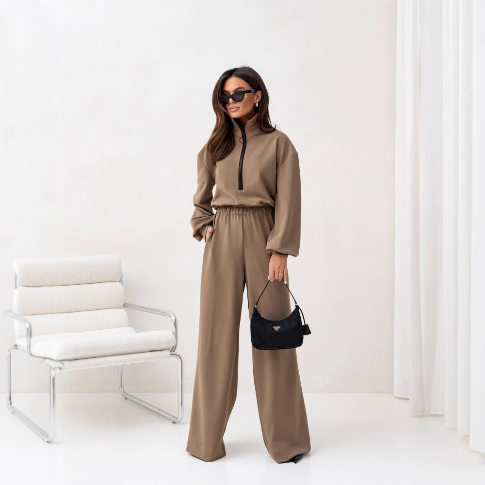 Damen relaxed-fit Zip-Pullover mit elastischem Taillenbund und extraweiter Palazzo-Hose Zweiteiler Drune