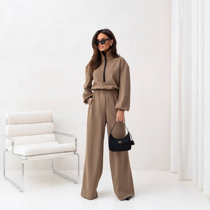 Damen relaxed-fit Zip-Pullover mit elastischem Taillenbund und extraweiter Palazzo-Hose Zweiteiler Drune