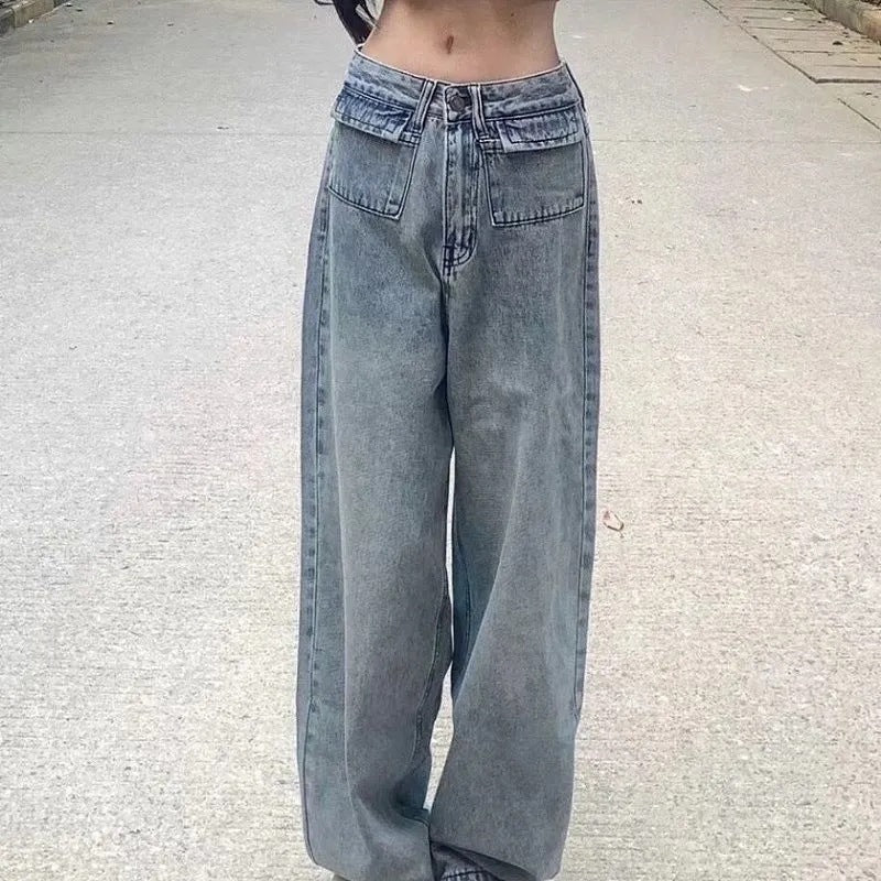 Damen Weit geschnittene Denim-Hose mit hohen Taschen und vintage Waschung Drune