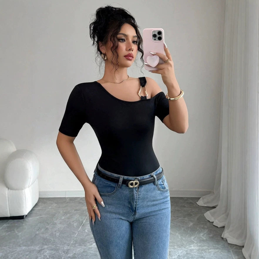 Damen eleganter Body mit asymmetrischem Ausschnitt und kurzärmeliger Gestaltung Drune