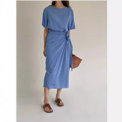 Damen Midi-Kleid mit seitlicher Knotendrapierung, überschnittener Kurzarm und gerader Silhouette Drune