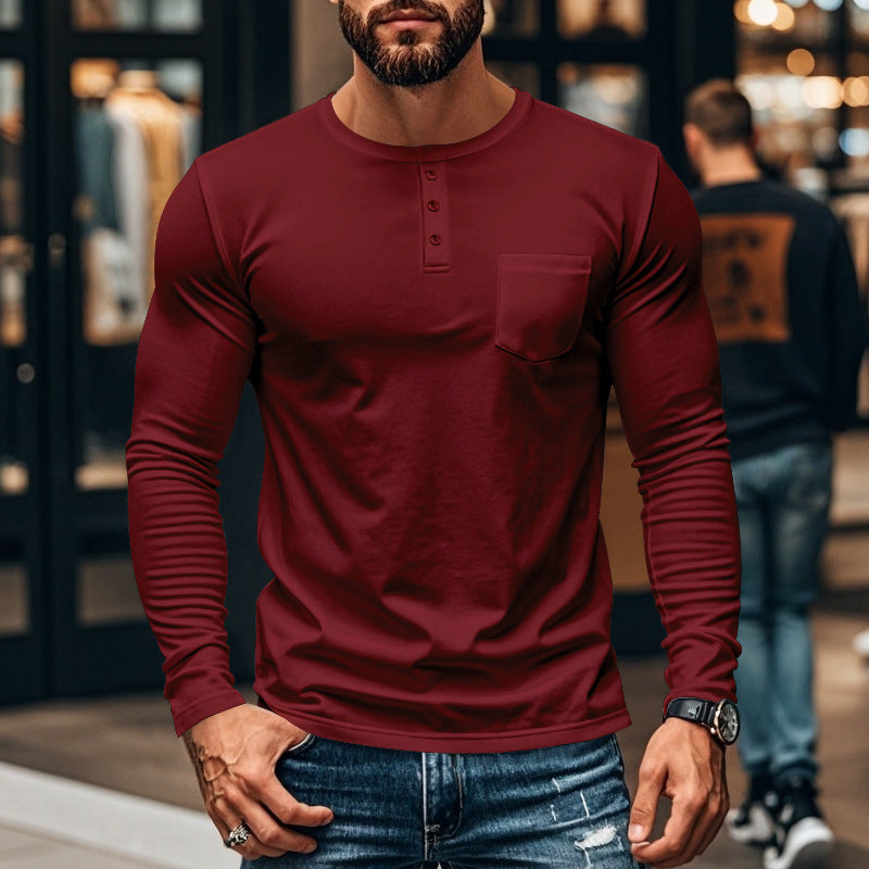 Herren nan schlankes Langarm-Buttonshirt mit kurzer Knopfleiste und Brusttasche Drune