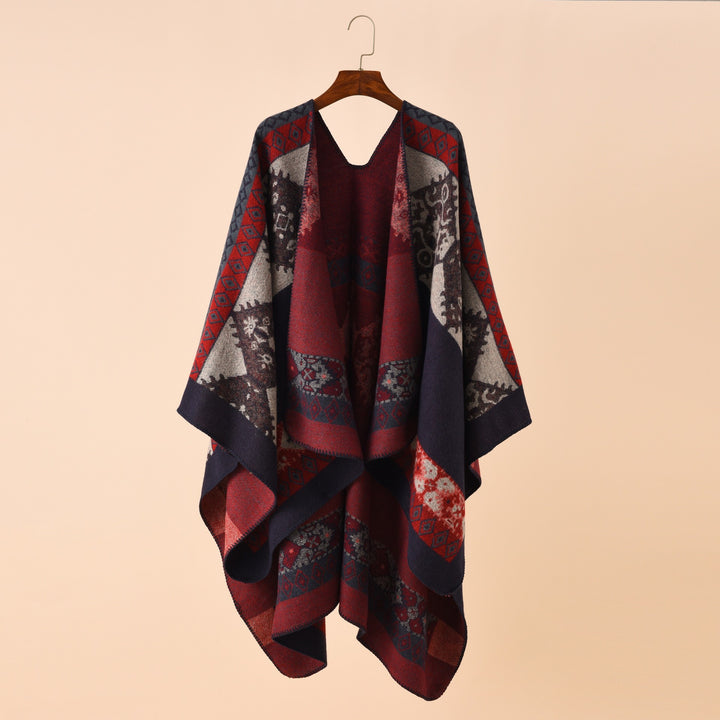 Damen Jacquard-Poncho-Cape mit Ethno-Muster und Wollmix Drune
