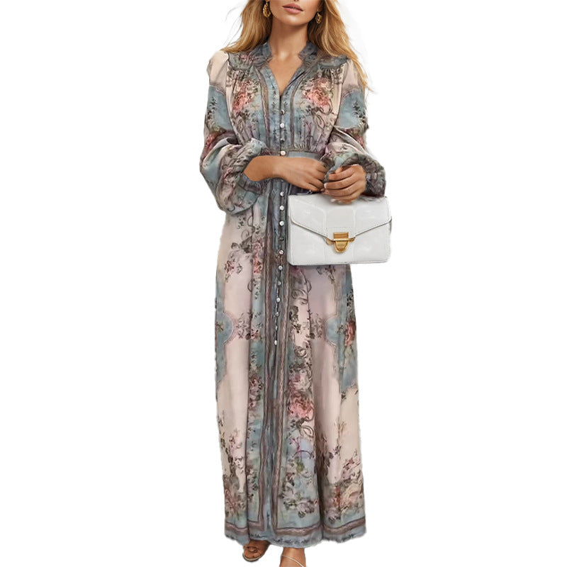 Damen Elegantes Maxikleid mit kunstvollem floralem Design und tailliertem Gürtel Drune