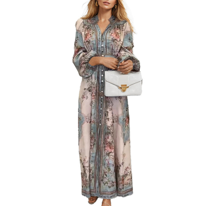Damen Elegantes Maxikleid mit kunstvollem floralem Design und tailliertem Gürtel Drune