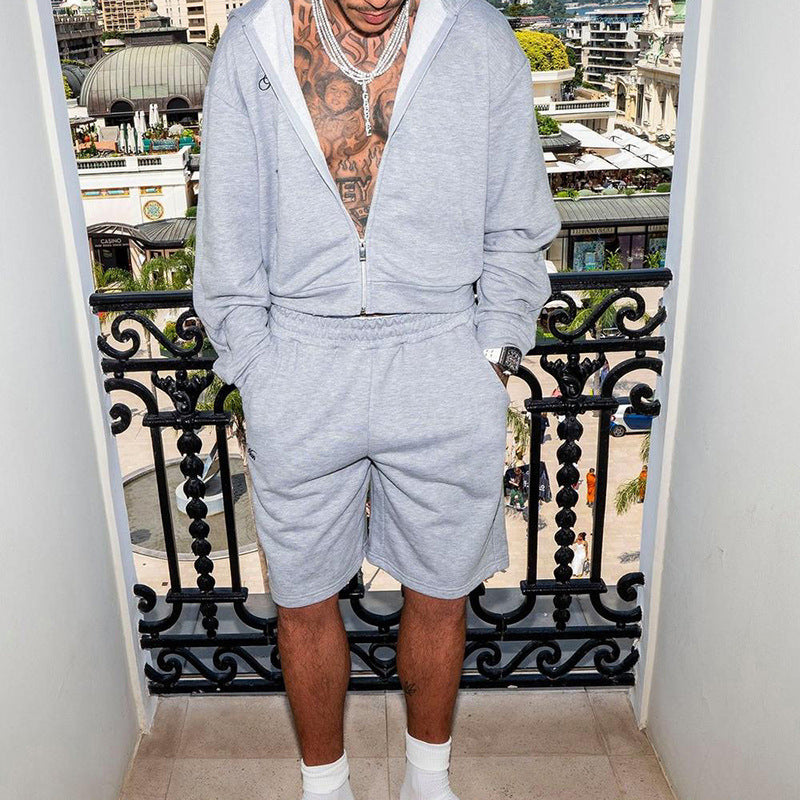 Herren Sweatshorts-Set mit Reißverschluss-Kapuzenjacke und elastischem Kordelbund Drune