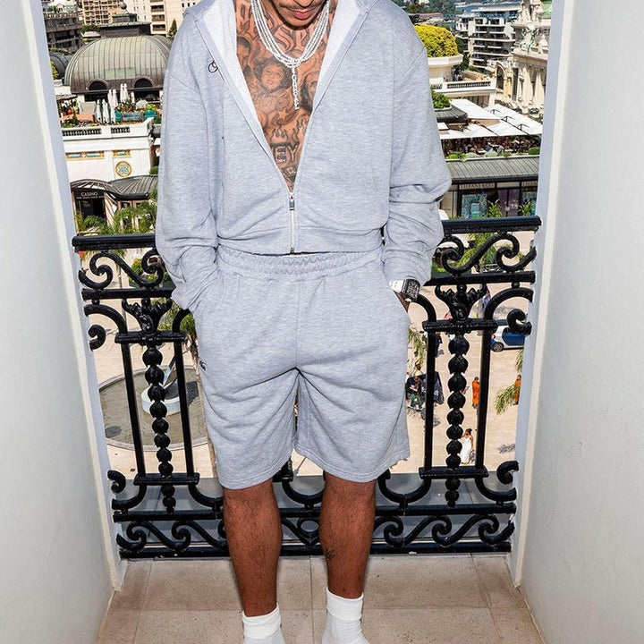 Herren Sweatshorts-Set mit Reißverschluss-Kapuzenjacke und elastischem Kordelbund Drune
