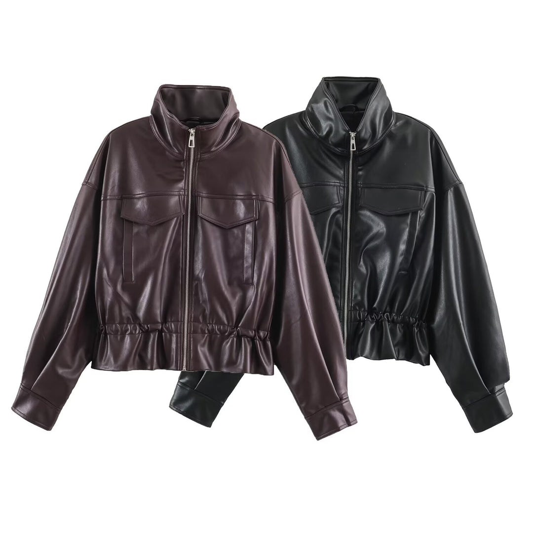 Damen Kurzer Oversize Kunstleder-Bomber mit Stehkragen, Pattentaschen und Kordelzug Drune