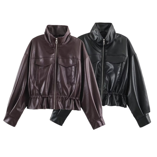 Damen Kurzer Oversize Kunstleder-Bomber mit Stehkragen, Pattentaschen und Kordelzug Drune