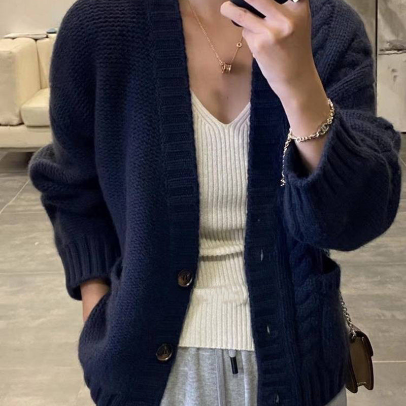 Damen Oversized Strickcardigan mit Zopfdetail, Eingrifftaschen und Knopfleiste Drune