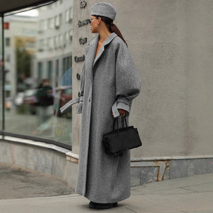 Damen Oversized Wollmantel mit gestreiftem Design und Gürtel Drune
