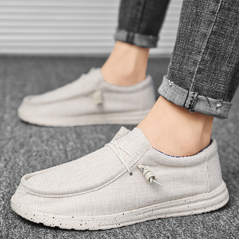Herren lässiger Mokassin-Slipper aus Leinenstoff mit gepolsterter Komfortsohle und elastischem Schnürzug Drune