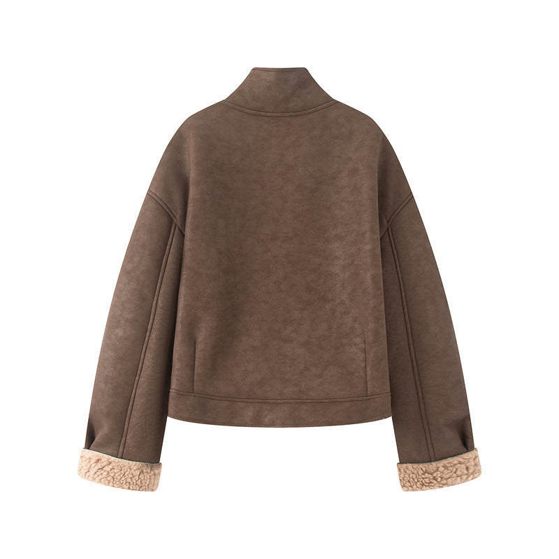 Damen nan kurze Lammfelloptik-Jacke mit hohem Stehkragen und geknöpfter Front Drune