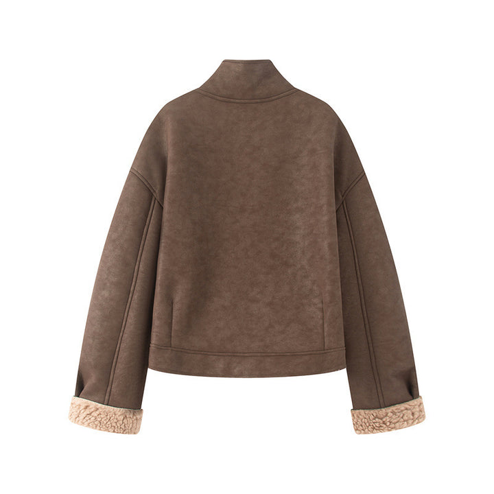 Damen nan kurze Lammfelloptik-Jacke mit hohem Stehkragen und geknöpfter Front Drune