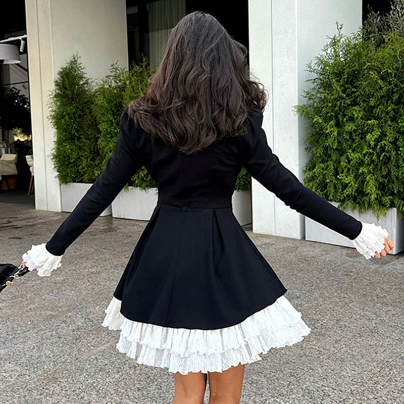 Damen nan viktorianisches Rüschenkleid mit Stehkragen, gerafftem Volant und mehrlagigem Plissee-Unterrock Drune