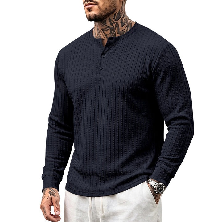Herren Texturiertes Langarm-Henleyshirt mit Stehkragen und Zopfmuster Drune