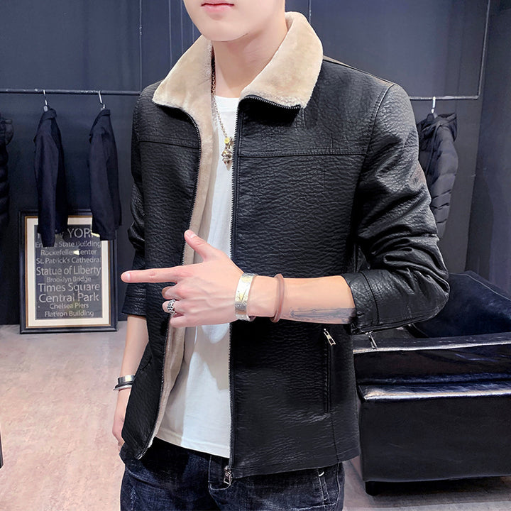 Herren schmal geschnittenes Kunstleder Blouson mit strukturiertem Finish und Teddykragen Drune
