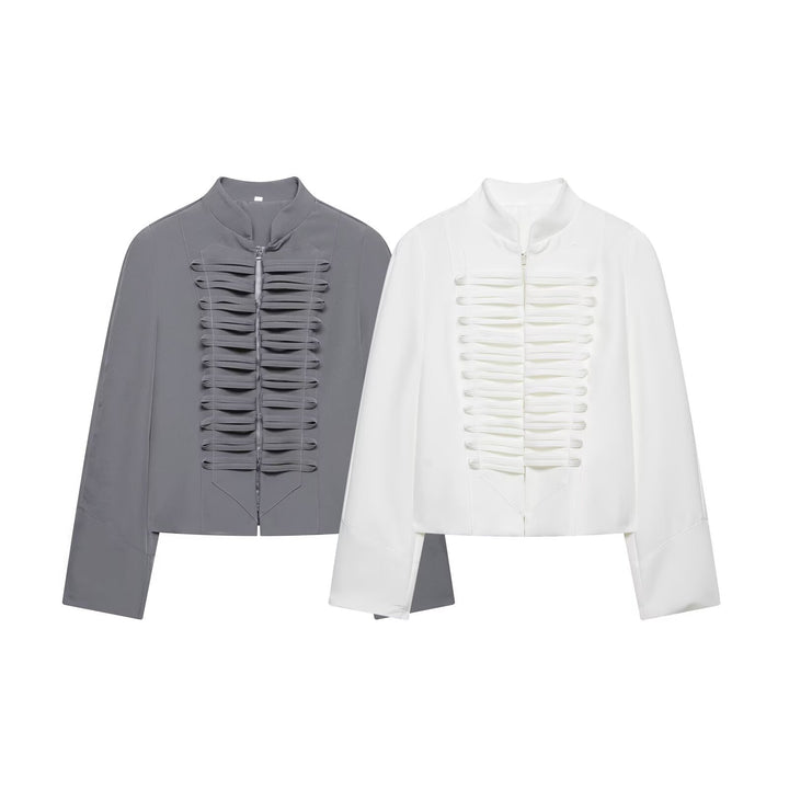 Damen Kurzbluse-Jacke mit gefalteter Rüschenpasse und Stehkragen Drune
