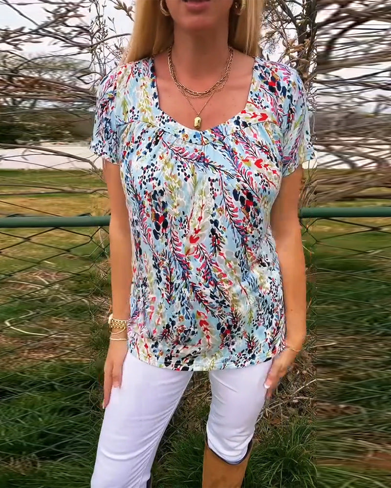 Damen nan leichtes florales Rundhals-Printshirt mit Brustfalten und legerer Hüftlänge Drune