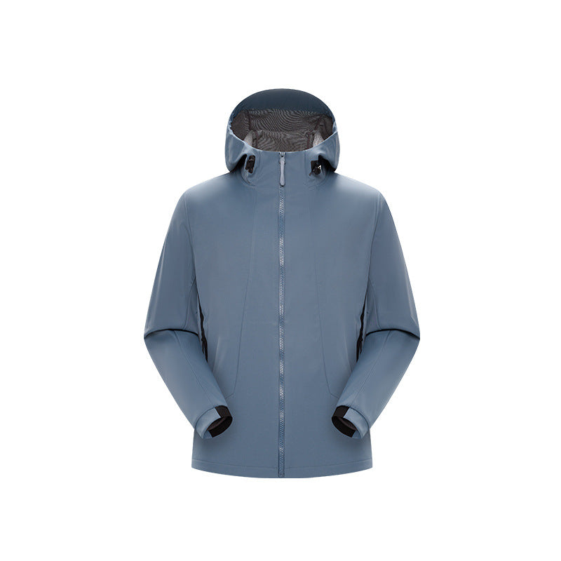 Herren Minimalistische Softshell‑Regenjacke mit verdecktem Reißverschluss, integrierter Kapuze und atmungsaktivem Meshfutter Drune