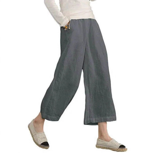 Damen weite Leinenhose mit seitlichen Taschen und elastischem Bund Drune